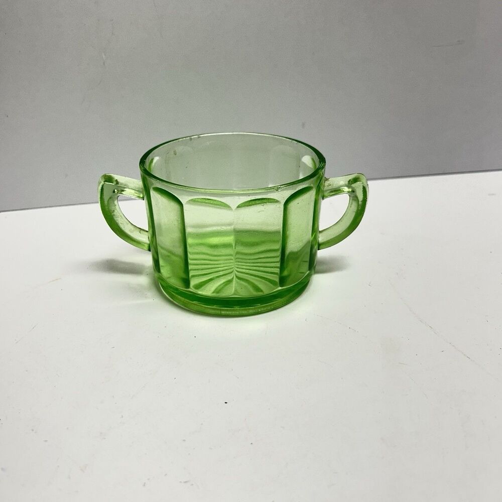 Hazel Atlas Colonial Block Green Uranium Glass Sugar Bowl 1930s Double Handle